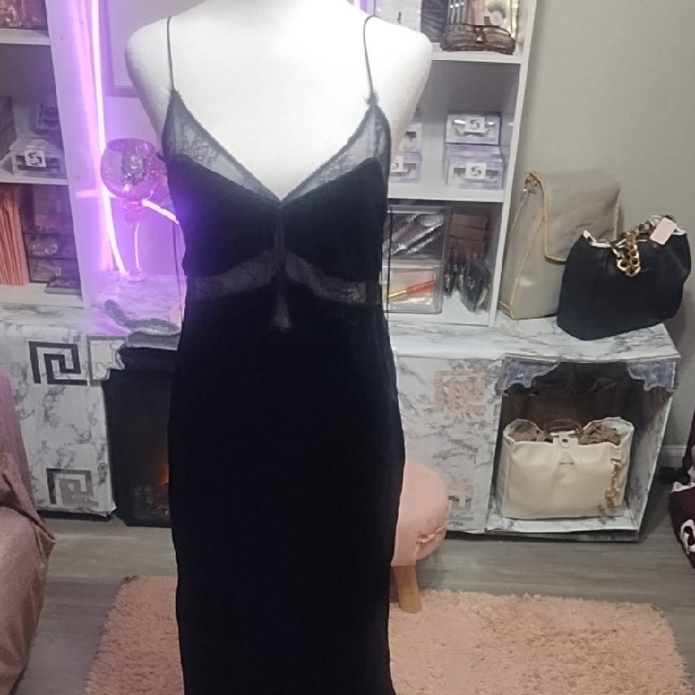 Zara Black Backless Slip Dress with Lace Trim